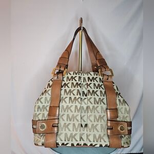 Michael Kors Brown Cream MK Monogram Lattington Large Shoulder Bag